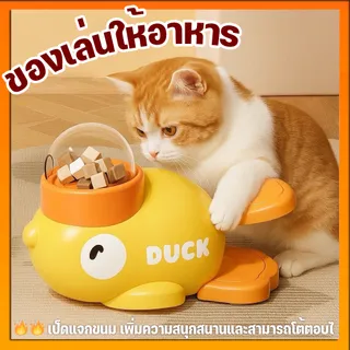 ของเล่นให้อาหารรูปเป็ดสีเหลือง มีโดมใสใส่อาหารด้านบน แมวใช้อุ้งเท้ากด
